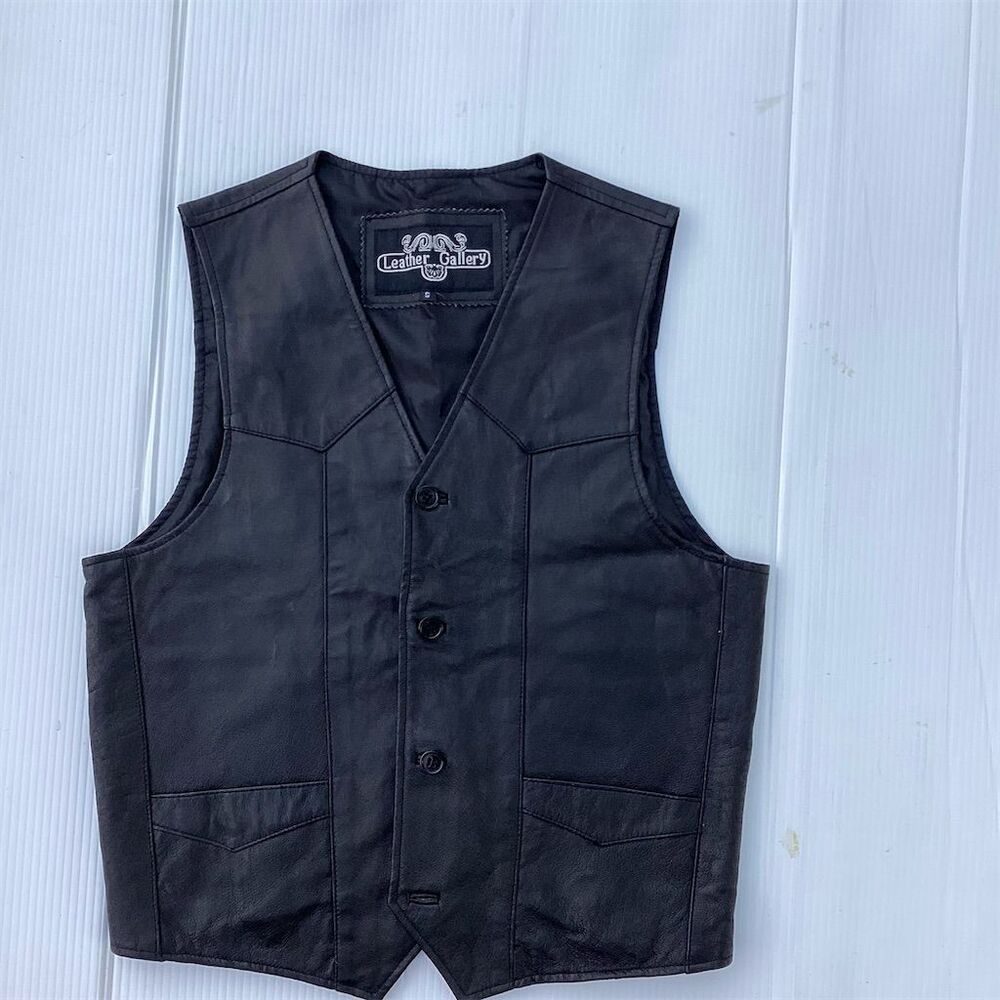 Leathers Gallery Men's Black Leather Biker Vest‎ Size S